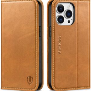 SHIELDON Genuine Leather RFID Blocking Wallet Case, Magnetic Kickstand Shockproof Protection, Compatible with 14 Pro Max 6.7'' 2022, Brown