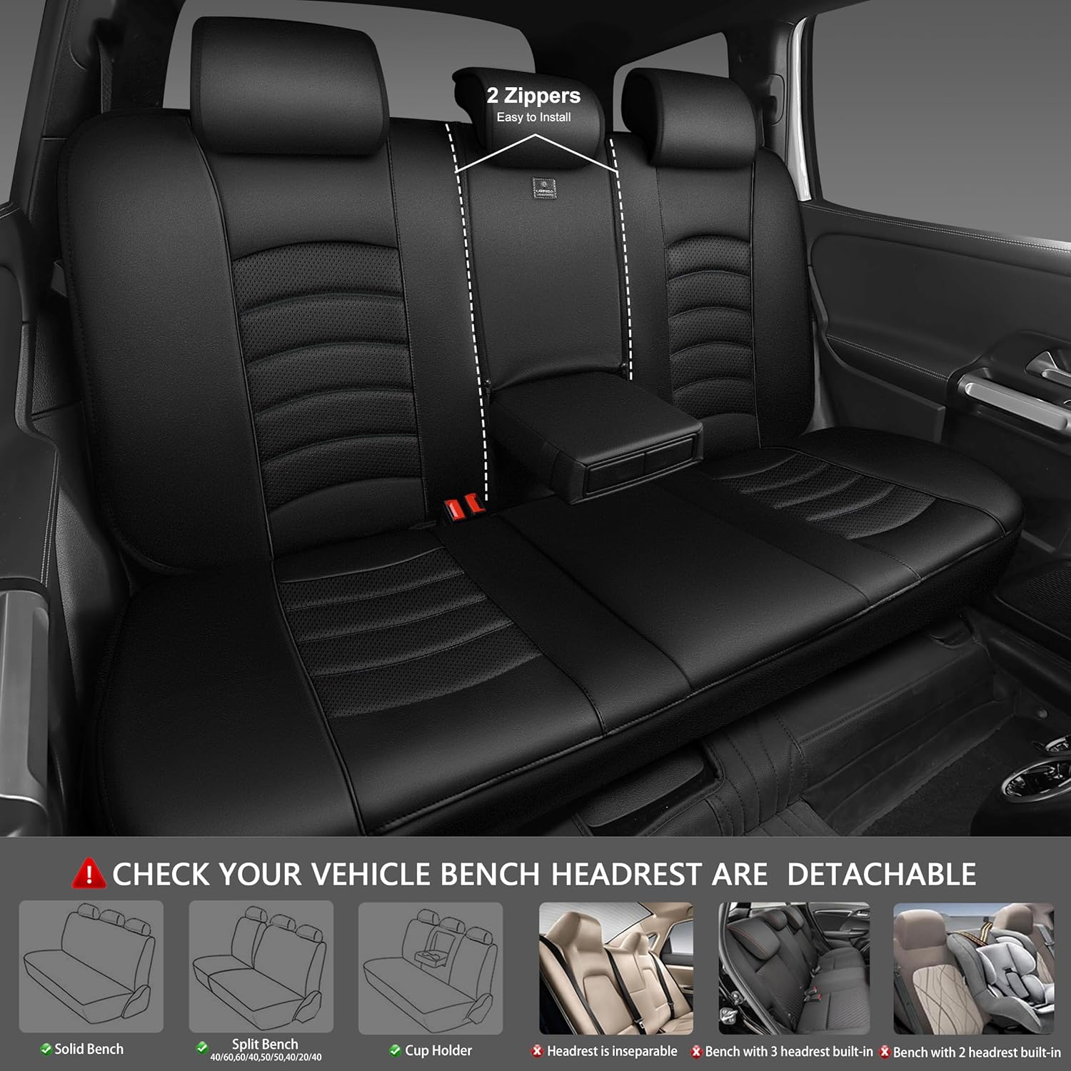 CAR PASS Leather Back Seat Cover, Universal Waterproof Bench Rear Seat Cover Zipper Split Rear Bench Protector Fit 95% Automotive Interior Covers for Cars Sedans SUVs (Rear,All Black) - Image 5