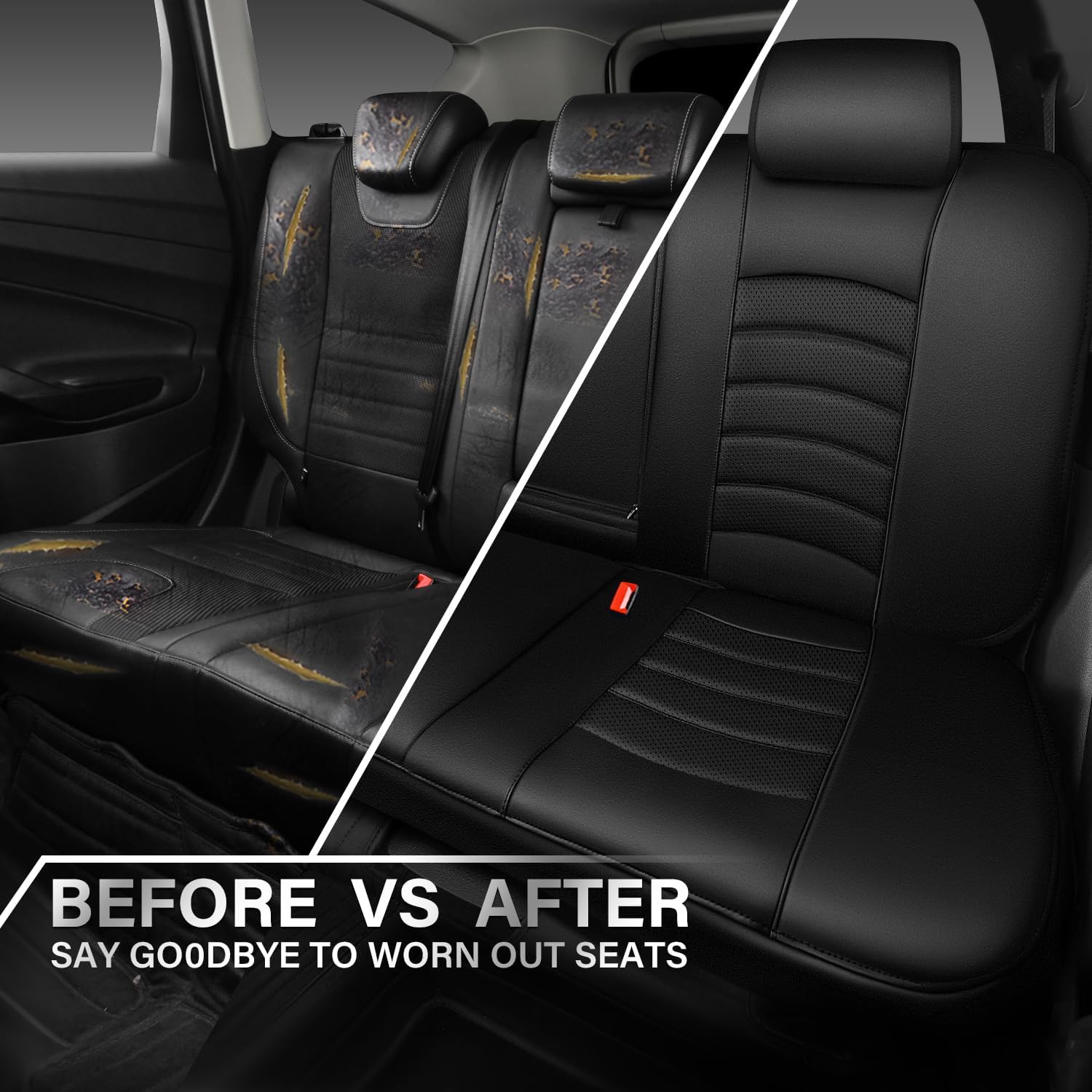 CAR PASS Leather Back Seat Cover, Universal Waterproof Bench Rear Seat Cover Zipper Split Rear Bench Protector Fit 95% Automotive Interior Covers for Cars Sedans SUVs (Rear,All Black) - Image 6